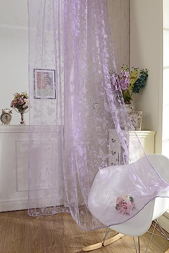 Beflockter Schmetterlings-Vorhang, Voile, Fenster-Tüll-Trenner, 200 x 100 cm, Raumteiler (lila)