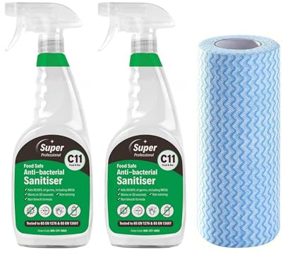 Super Professional food safe antibacterial spray 750ml sanitiser spray BS EN 1276, fast 30 sec surface cleaner – Bundled with soft roll cleaning cloths for kitchen wipe-downs