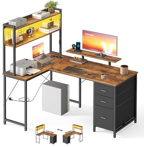 VASAGLE L-Form Schreibtisch, Eckschreibtisch mit Steckdosen und LED-Beleuchtung, Computertisch mit 3 Schubladen und Monitorständer, 140 x 100 x 150 cm, Vintagebraun-Schwarz, LWD162K101