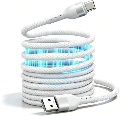 Magnetisches Ladekabel USB C für Auto & Schreibtisch, Elastisches USB A auf USB C Kabel 60W Schnellladekabel Verwicklungsfrei Kompatibel mit iPhone 17 16 Pro Max Samsung S24(2M, Weiß)
