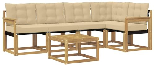 vidaXL Outdoor-Sofagarnitur mit Kissen 6 pcs Weiß und Beige, Akazien Outdoor Sofa Set, modische Möbel für Terrasse, wetterfester Couch, entspannende Sitzgruppe im Garten