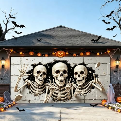LEIDIMUS Halloween Garagentor Abdeckbanner Banner Große,Skull,16 * 7FT | Hängende Kulisse Halloween Dekorationen Haken und Schlaufenstreifen Garagentor Buddy Abdeckung Außen Home Hof Party