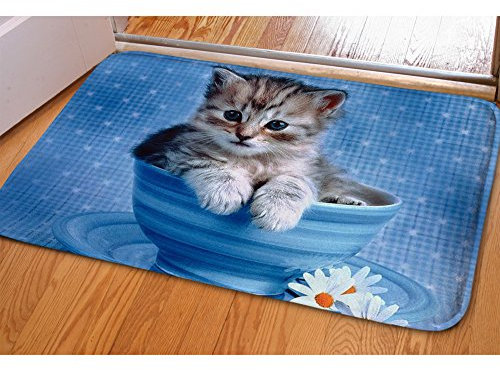 HUGS IDEA Kawaii Cup Cat Print Doormat Non Slip Bathroom Rug Soft Absorbent Kitchen Dining Room Floor Mats Carpet
