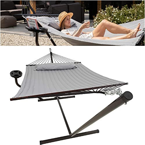 VITA5 Hängematte mit Gestell und Tisch - Hängematte Outdoor für den Garten, Pool & Balkon - Großzügige Hängematten 2 Personen - Doppelhängematte mit Ständer und Beistelltisch - 200 kg Belastbarkeit