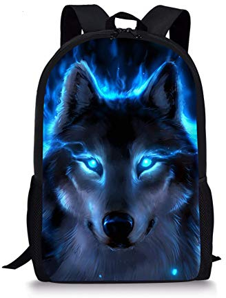 Binienty Schulrucksack für Kinder, Jungen, Mädchen, Teenager, leicht, für Bücher, Laptop, lässiger Tagesrucksack, Blauer Wolf, Einheitsgröße