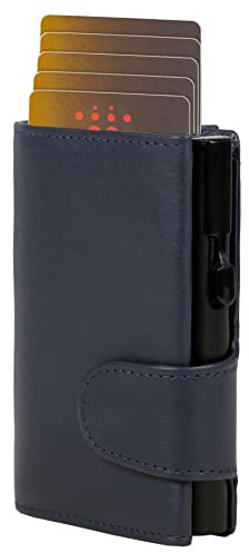 ClickSafe® Kreditkartenetui mit Münzfach und Geldscheinfach aus blauem Nappaleder mit schwarzem Aluminium Tresor und RFID Schutz (Kartenetui, Kartenhalter, Slim Wallet)