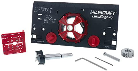Milescraft 1342 Euro Gabarit de charnière dissimulée avec guide de perçage pour armoires encadrées et sans cadre Guide de perçage en métal pour trous de charnière parfaits Embout Forstner de 35 mm