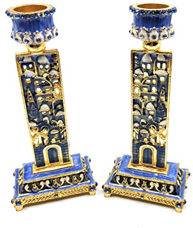 Kerzenleuchter, Kerzenständer, 2 Stück, Emaille auf Zinn, verziert mit echten österreichischen Kristallen, Jerusalem-Design (blau)