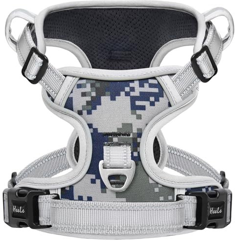 HEELE Harnais Chien, Harnais Anti Traction pour Chien, Respirant Réglable Gilet Durable Réfléchissant, Facile à Mettre, Camouflage Harnais pour Petit Moyen et Grand Chien, Camouflage Gris, S