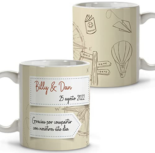 LolaPix Taza Personalizada. Recuerdos para Boda. Regalos Invitados. Regalo Boda. Taza Cerámica. Varios Diseños. Viaje