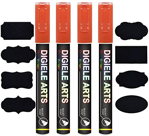 DIGIELE Kreidestift Orange, 4pcs Orange Kreidestifte 3mm + 16 Tafel Labels, Reversibel Dünne oder Mittlere Spitze, Trocken oder Feucht Abwischbare Flüssigkreide für Whiteboard, Tafel, Fenster & Glas