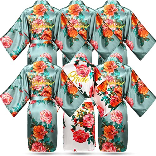 Coume 6 Set Bride Bridesmaid Robes Women's Floral Satin Kimono Robes Bridesmaid and Bridal Short Robe for Wedding Party