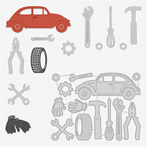 BENECREAT 12.5x9.5cm Auto und Reparaturwerkzeuge Metall Stanzformen, Auto Reparatur Thema Reifenzange Schraubenschlüssel Stanzungen Prägeschablone für Kartenherstellung Scrapbooking (0.8mm Dick)