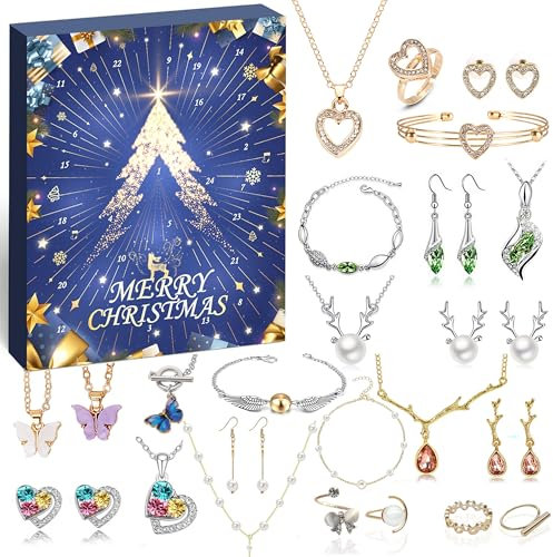 Schmuck Adventskalender Damen Mädchen Weihnachtskalender, 24 Überraschungen Armband Halskette Ring Ohrringe - Countdown Kalender, Damen Schmuck Set, Weihnachten Geschenk für Damen Mädchen.