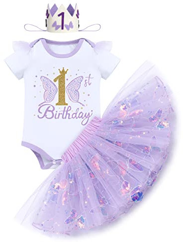 IBTOM CASTLE Neonato Bambina1 Anno Compleanno Abiti a Farfalla Romper a Maniche Corte con Paillettes +Gonna Principessa Tutu Tulle+Tiare a Corona Vestiti per Cerimonie da Bambina Viola 1Y