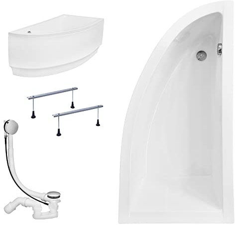 KOLMAN Badewanne PRAKTIKA Eckbadewanne 150x70 Rechts mit AcrylSchürze, Ablaufgarnitur und Füßen Komplettset 4in1 Premium Original Acryl Wanne Siphon