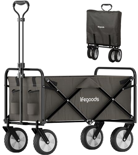 LifeGoods Bollerwagen Faltbar - Faltbarer Bollerwagen - Handwagen Klapbarr - Gartenwagen - Transportwagen - Strandwagen - Strand - Klappbarer – 360 Grad Drehbare Vollgummireifen 94L– 98x45cm - Grau