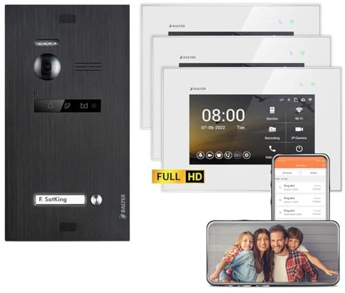 Balter EVO HD Schwarz/Weiß WiFi Video Türsprechanlage Set für 1 Familienhaus (1x Türstation mit Full HD-Kamera, 3X Touchscreen 7 Zoll Monitor, Smartphone APP, 2-Draht, 175° Weitwinkel)