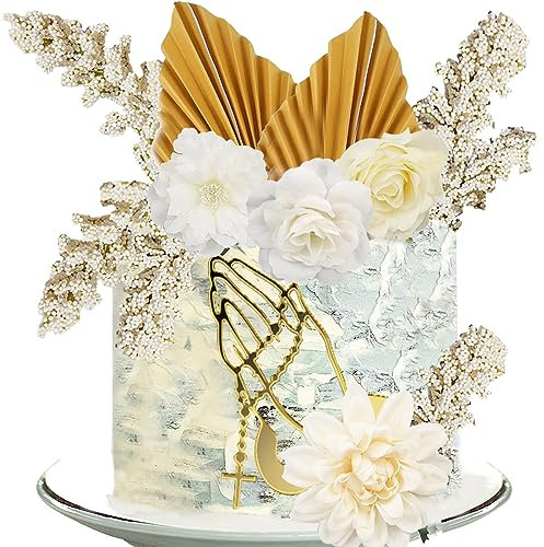 MEZHEN Boho Tortenaufsatz Dekoration Kreuz Hände Gold Acryl Tortendeko Blume Gold Palmenblätter Torte Deko für Taufe Geburtstag Hochzeit Babyparty Kommunion 13 Stück