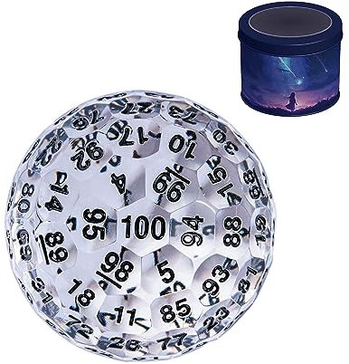 Poludie Dadi D100 aggiornati, dadi poliedrici singoli a 100 facce D100 da 50 mm, dadi da gioco D&D D100, cubo da 100 lati con scatola in metallo (T/nero)