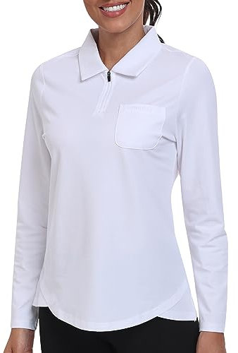MoFiz Poloshirt Langarm Damen Baumwolle Golf Polo Langarmshirt mit Polokragen Wintershirts Top Weiß XL