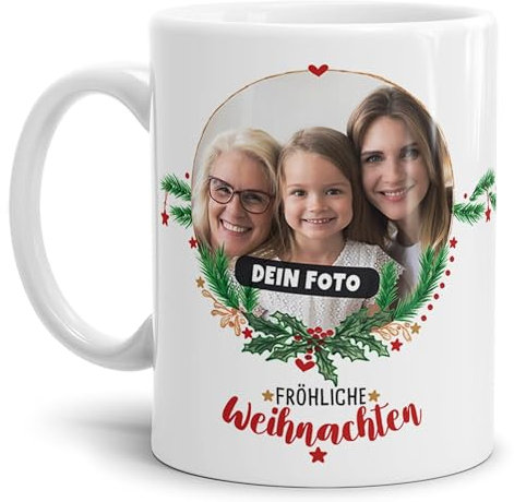 Weihnachtstasse selbst gestalten - Tasse mit Foto Personalisieren - Frohe Weihnachten - Persönliches Geschenk für Freunde und Familie | 300 ml, Weiß