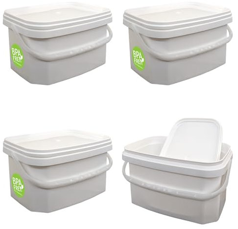 plasteo® 4X 5-Liter Rechteckiger Eimer mit Deckel Weiß, BPA-frei Stapelbar Vielseitige Anwendungen Organisation Aufbewahrung von Lebensmitteln und Flüssigkeiten mit Henkel Luftdicht und Auslaufsicher