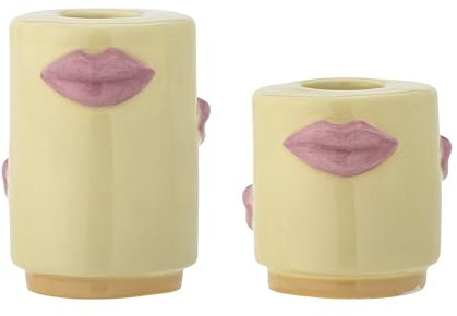 Bloomingville 2er Set Sassy Kerzenhalter für Stabkerzen mit Kussmund in der Farbe Gelb aus Steingut, 5x5cm/ 7x5 cm, 82062194