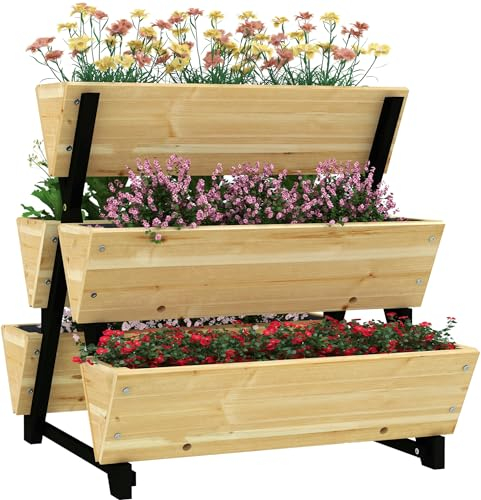 Outsunny Jardinière sur Pieds carré Potager 3 Niveaux 5 bacs - dim. 75L x 78lx 77H cm Inserts d'irrigation Feutre de Drainage Bois Sapin