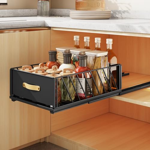 SAYZH Cajón Telescópico, Cajones Extraíbles para Armario de Cocina, Cajón Deslizante Para Alacena, Cajón de Cocina Extensible Desplegable con Mango,30 cm Ancho x 40 cm Profundidad x 15.5 cm Alto,negro