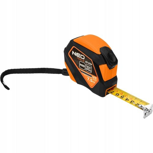 NEO TOOLS Professional Maßband 7,5 m - Nylon-Stahlband - Magnethaken- Stopp-Tasten - Automatischer Bandstopp - Bandbreite 25 mm - MID-Genauigkeit - Anti-Rutsch Gehäuse, Gürtelklemme