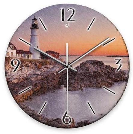 Kreative Feder Wanduhr „Leuchtturm“ aus Stein (Keramik) in Schiefer-Optik; Durchmesser 30cm; mit leisem Uhrwerk (Leuchtturm, leises Funkuhrwerk)