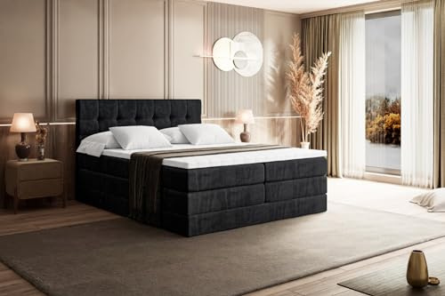 ALTDECOR Boxbett mit H3 H4 Matratze BERO King - 140x200 - Schwarz | Lattenrost, Topper, Boxspringbett mit Bettkasten, Bett mit Stauraum, Doppelbett, Polsterbett