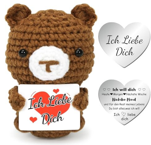 Mini Bär Ich Liebe Dich Geschenke, Jahrestag Geschenk für Frauen, Kreative Strickwolle Bär Puppe mit Liebesmünzen Karte, Pocket Hug Bären, Romantische Geschenk für Ehefrau Hochzeitstag Valentinstag
