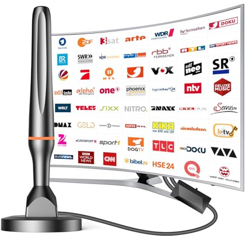 DVBT2 Antenne, zimmerantenne DVB-T & DVB-T2 Antennen mit Verstärker, Großer Reichweite und 360° Empfang, Zimmerantenne für Fernseher mit Starkem Magnetfuß, Geeignet für 4K 1080p & Alle TV-Geräte