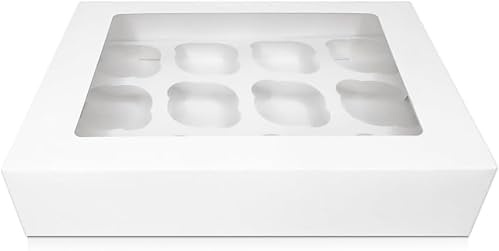 FALGUN 20 x Premium White 12 Hole Cavity Cupcake Boxes with Window | 12 hole Rounded Inserts Included (Pack of 20)