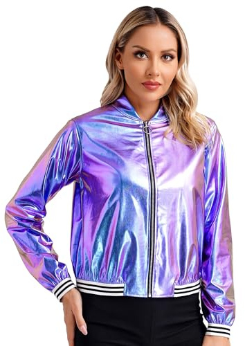 Eandarui Holographic Jacke Damen Metallic Bomberjacke Glänzend Langarm Baseballjacke Mit Reißverschluss Party Disco Kostüm