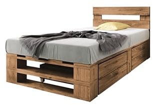 Lermowood Palettenbett M2 aus Holz 120 x 200 cm Eiche mit Kopfteil und 2 Bettkästen Holzbett 40cm Stabiles Seniorenbett Kinderbett Jugendbett Gästebett erhöhtes Bettgestell Futonbett Komforthöhe