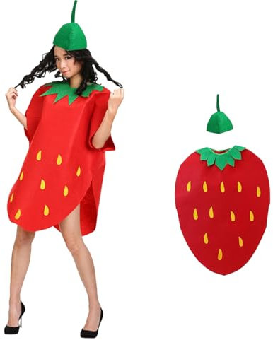 Strawberry Costume for Adults – Fun Fruit Fancy Dress with Leaf Headpiece, Lightweight Non-Woven Fabric Outfit for Halloween, Themed Parties, Cosplay, and Dress-Up Events
