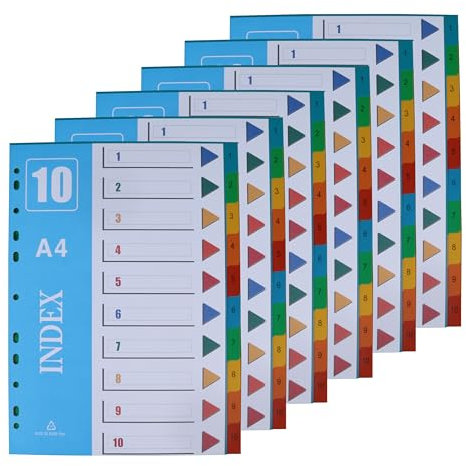 JALVPI 6er 10 Teilig Register Trennblätter für Ordner DIN A4, Kunststoff, 1-10 Registertrenner für Organisation, 225x297mm