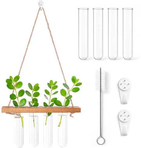 Unnosin Wall Hanging Planter, Plant Propagation Station Terrarium 4 Vases with Wood Stand, Glass Planter Test Tube Vase for Propagating Hydroponic Home Office Garden Decoration