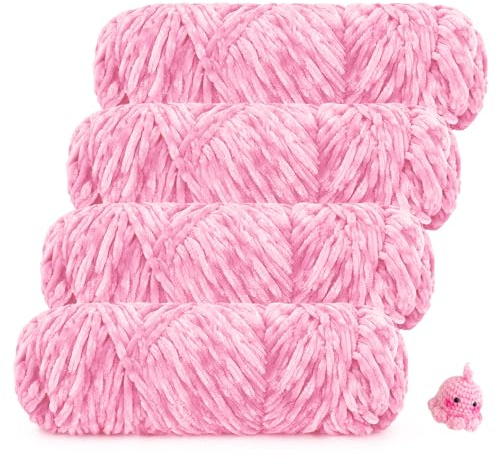 Coopay Lana di ciniglia in velluto per uncinetto, 400 g (4 x 100 g) di velluto di ciniglia, super soffice e spessa per lavorare a maglia, morbida lana di ciniglia per sciarpe, coperte, maglioni, rosa