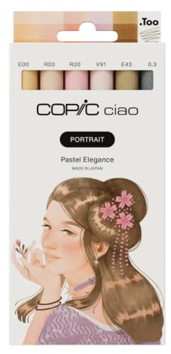 Copic Ciao PORTRAIT Set Pastel Elegance, 5 Pastellfarben inkl. 1 Multiliner 0,3 mm in Warmgrau, Twin Marker mit einer mittelbreiten und einer Brush Spitze