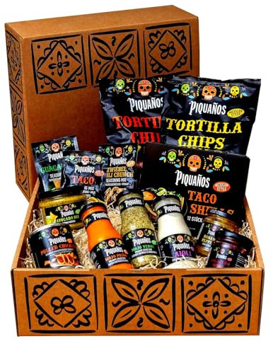 Piquaños Geschenkbox - Mexikanischer Geschenkkorb mit 13 Spezialitäten | Taco Box mit Saucen, Dips, Gewürzen & Chips | Geschenkset für Tacos, Nachos & mexikanische Küche - Mexiko Box