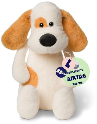 Ljuk® Snugglepupp™ Milo – Hund Kuscheltier (Welpe), 35 cm sitzend / 60 cm liegend, superweiches Plüsch-Stofftier, mit versteckter AirTag-Tasche, Geschenk für Kinder, Jungen & Mädchen (Classic Brown)
