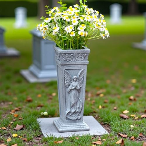 Elegante Engel-Friedhofsvase in Grau, stabiler Gedenkblumenhalter aus Kunstharz mit Erdspieß für Grab-, Garten- und Außendekoration