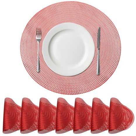 QUARKZMAN 8 Set Di 8 Sottopiatti Rotondi Rossi Per Tavoli 15 x 15/38 38cm | Sottopiatti In Polivinile Metallizzato, Da Pranzo, Pressati Lavabili Decorativi