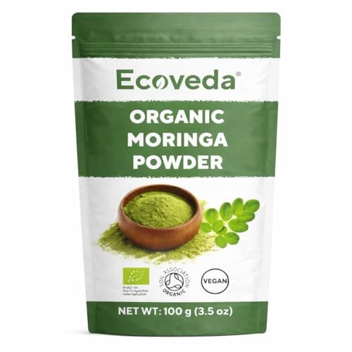 Ecoveda Organic Certified Moringa Leaf Powder, 100 g, Premium Quality | Soil Association certified organically grown moringa leaf powder tested for heavy metals