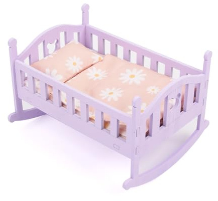 Babypuppenbett, hölzernes Babypuppenbett mit großem Schaukeldesign, inklusive Bettwäsche-Set für Kinder-Rollenspielspielzeug, lila Farbthema