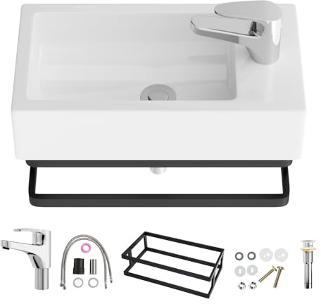 Sarlai Petit lavabo de salle de bain moderne à fixation murale avec robinet, lavabo rectangulaire en céramique blanche, pour salle de bain, vestiaire, 460 x 270 x 120 mm (égouttoir pop-up et étagère à